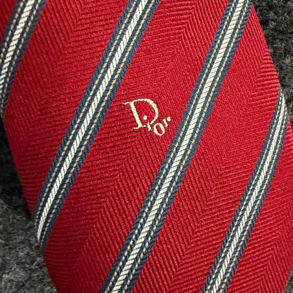 Christian Dior Mens Red Silk Blend Diagonal Striped Necktie Blue White Vintage